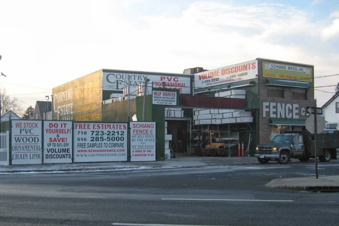 Schiano Fence showroom exterior in Rosedale, New York — fence displays, samples, and customer parking