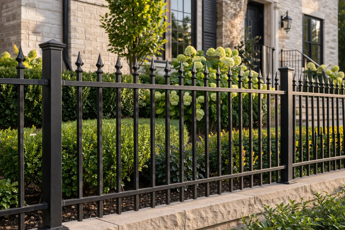 Black aluminum spear-top fence at elegant residential property