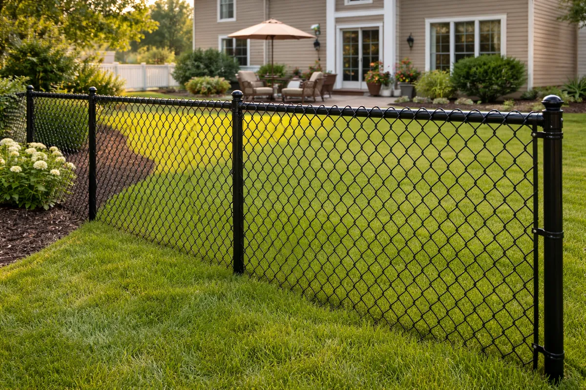 Black vinyl-coated chain link fence in residential backyard