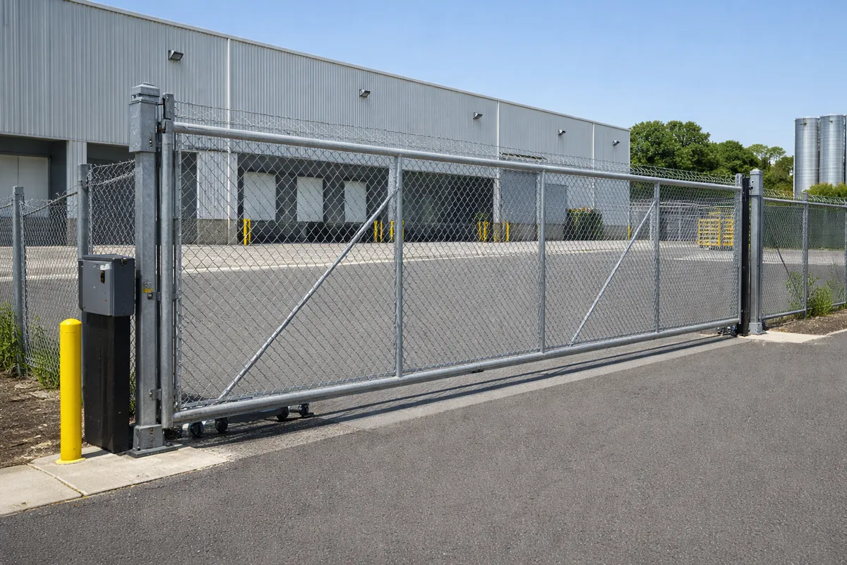 Commercial automated rolling gate at warehouse facility