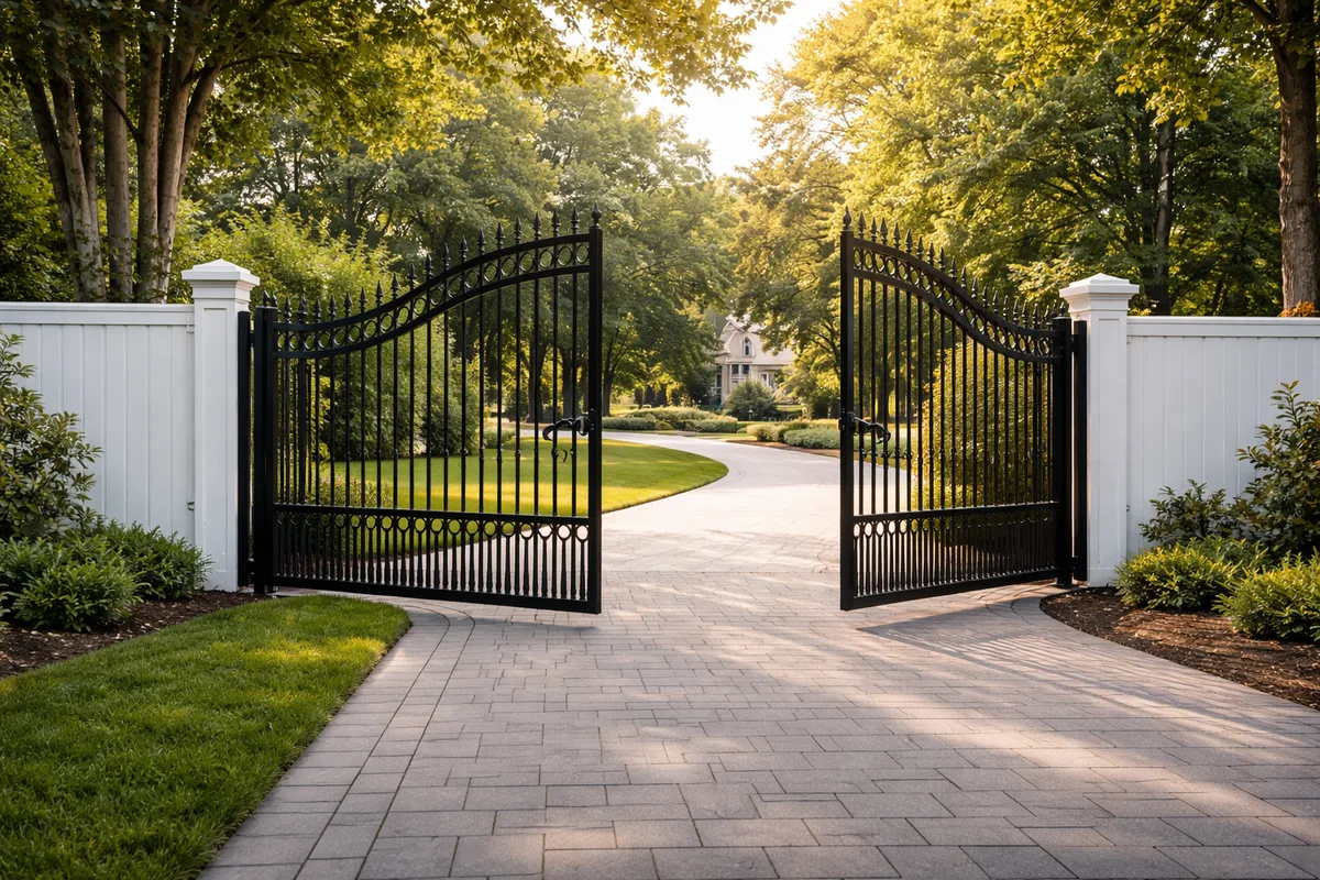 Black ornamental iron estate gate with white PVC fence on driveway