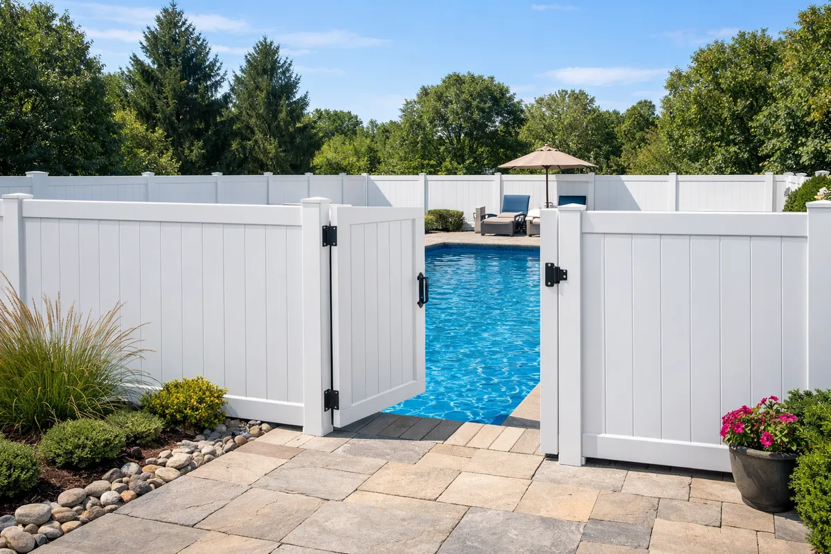 White PVC privacy fence with gate opening to backyard pool