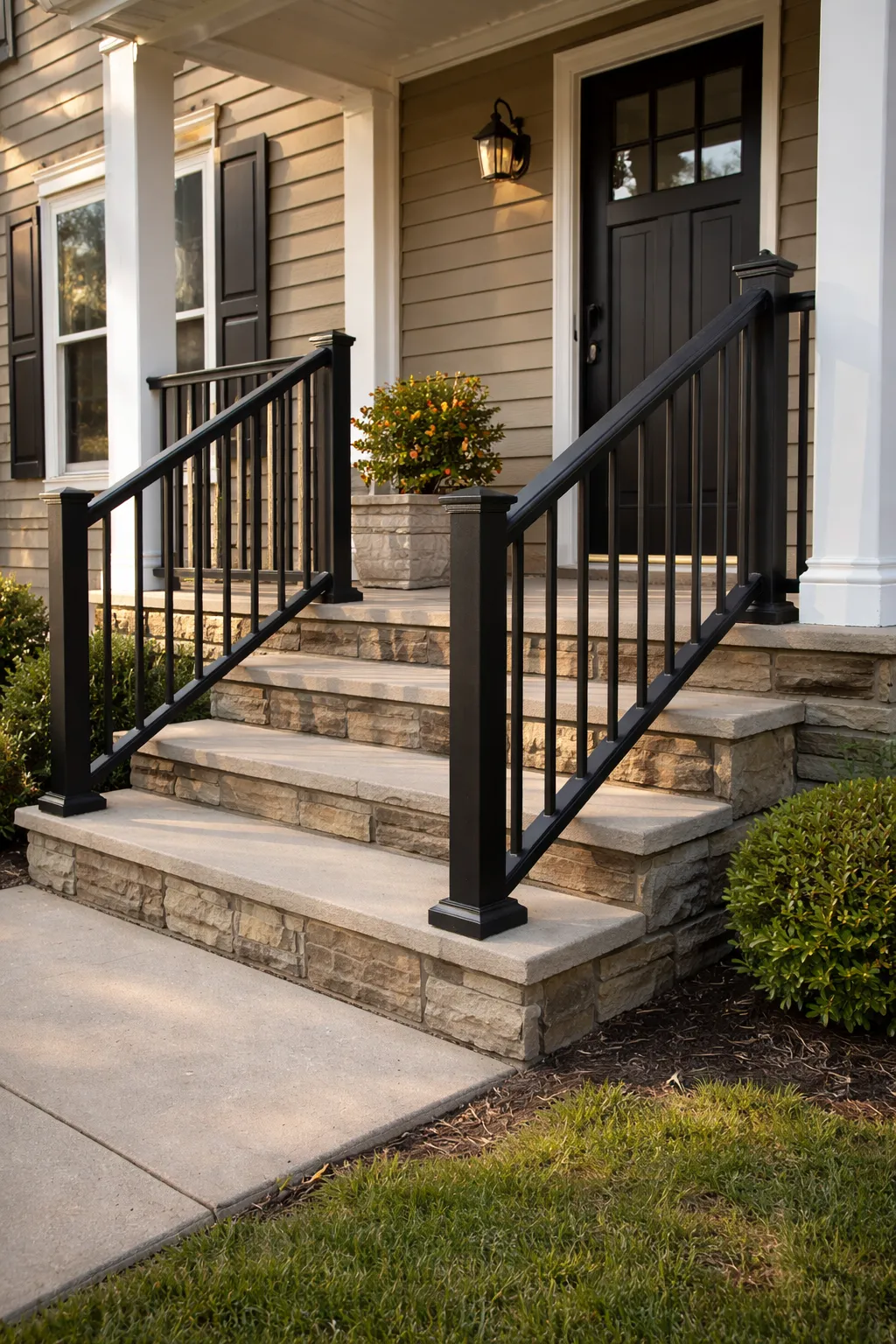 Black aluminum railing on front porch steps