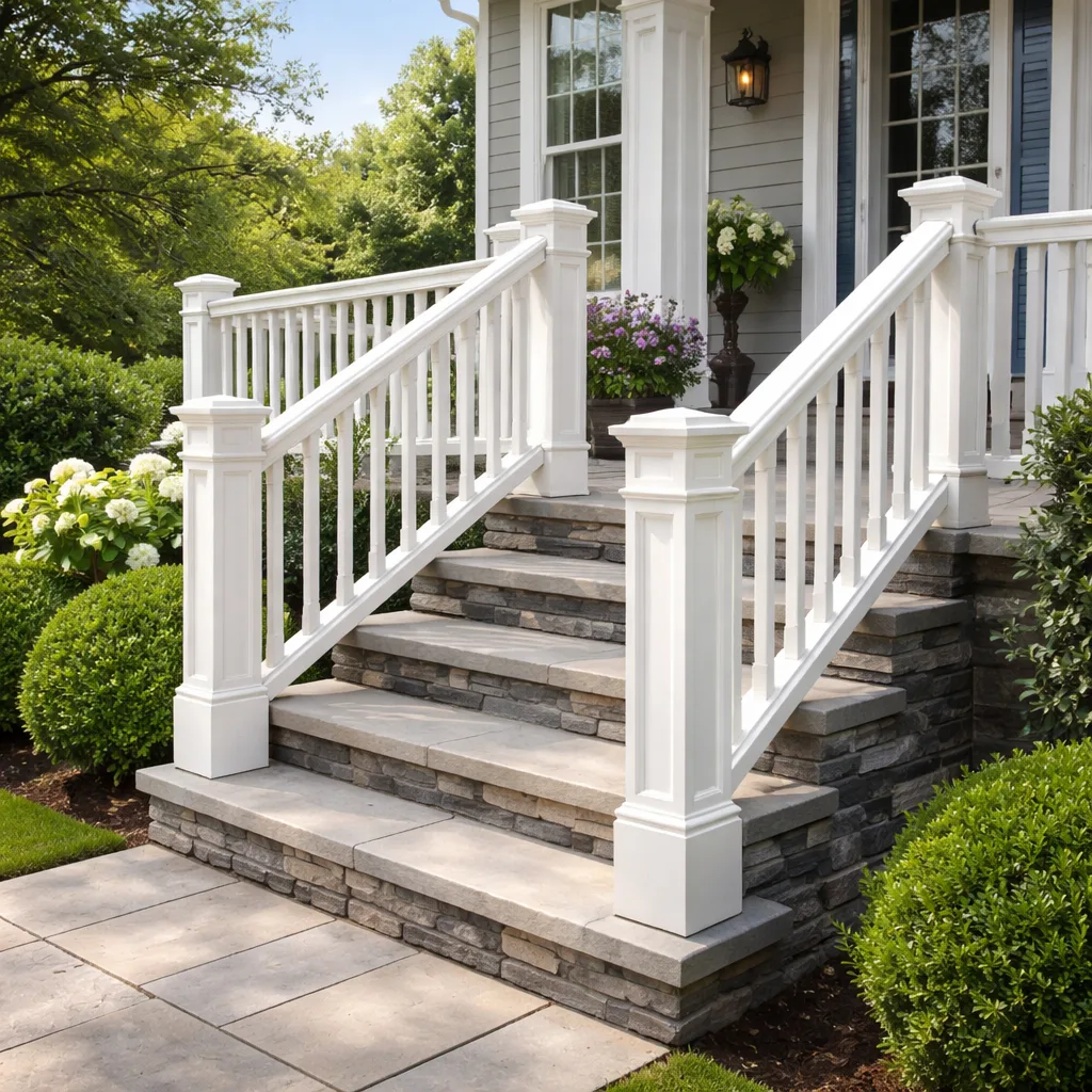 White PVC railing and balusters on stone front porch steps